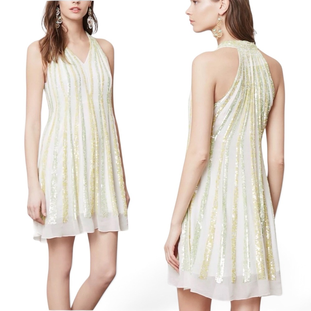 Ranna Gill Dress Shimmer Channel Mini M Sequin Stripe White Green Anthropologie